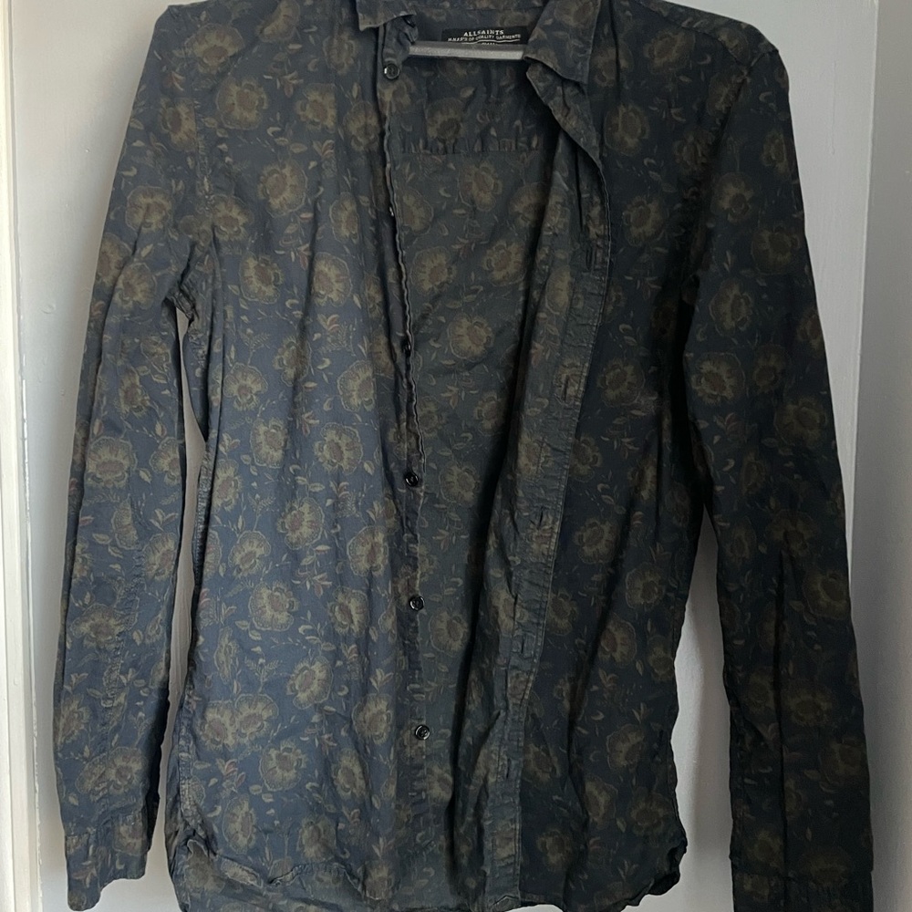 All Saints Dark Blue Floral Dress Shirt